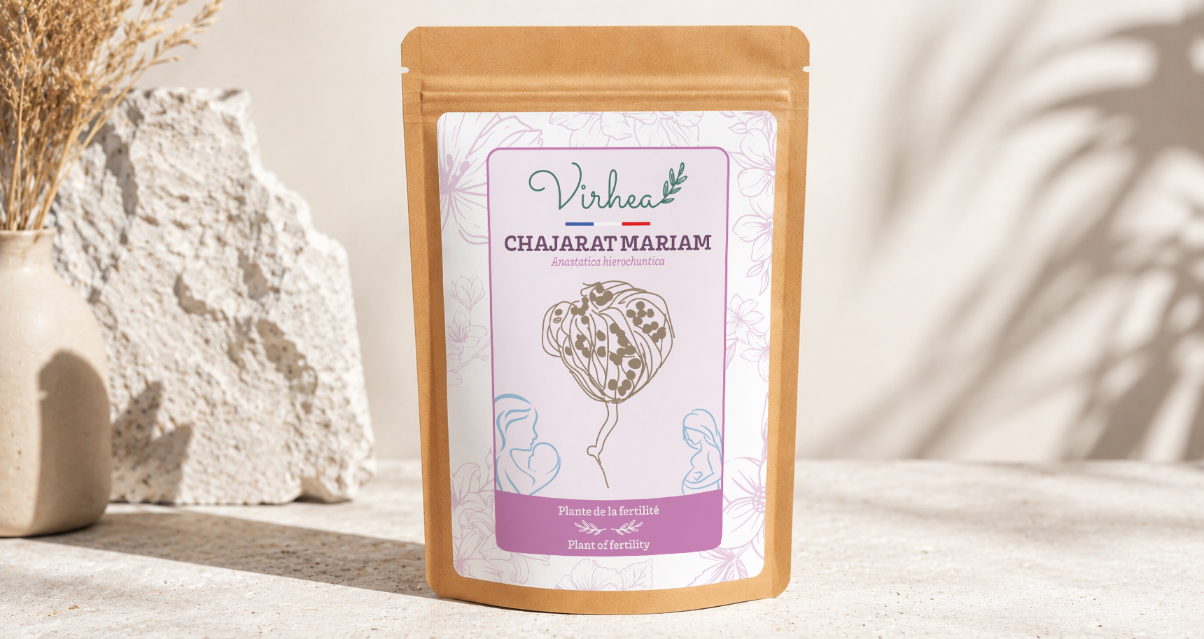 Resealable kraft sachet of dried Chajarat Mariam, the format that carries your own printed label