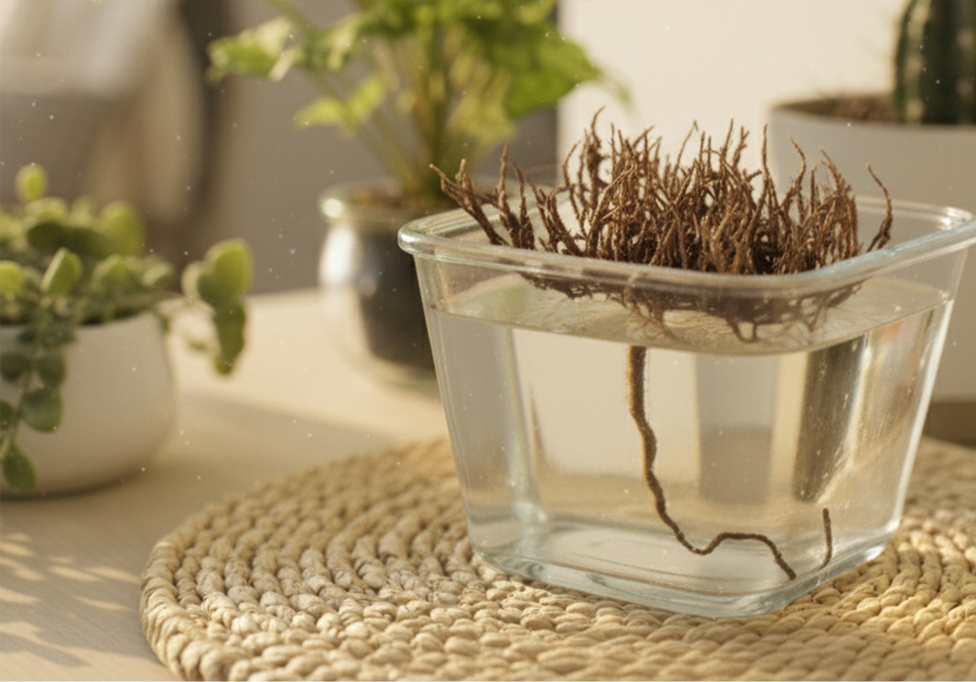 A dried rose of Jericho opening and turning green in a bowl of water, showing its striking resurrection effect